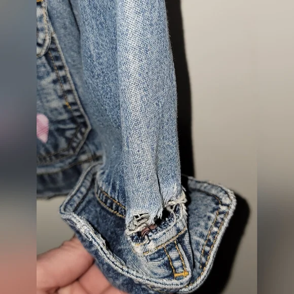 Upcyled Peace Applique Distressed Jean Jacket - Picture 9 of 15